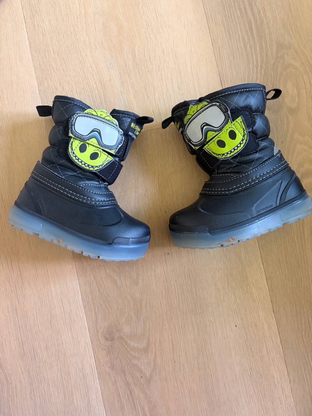 Western Chief Black Kids Snow Boots with Neon Green Monster Patch